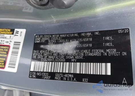 2020 Toyota Highlander Xle z USA, uszkodzony, nr VIN 5TDGZRBH7LS026866